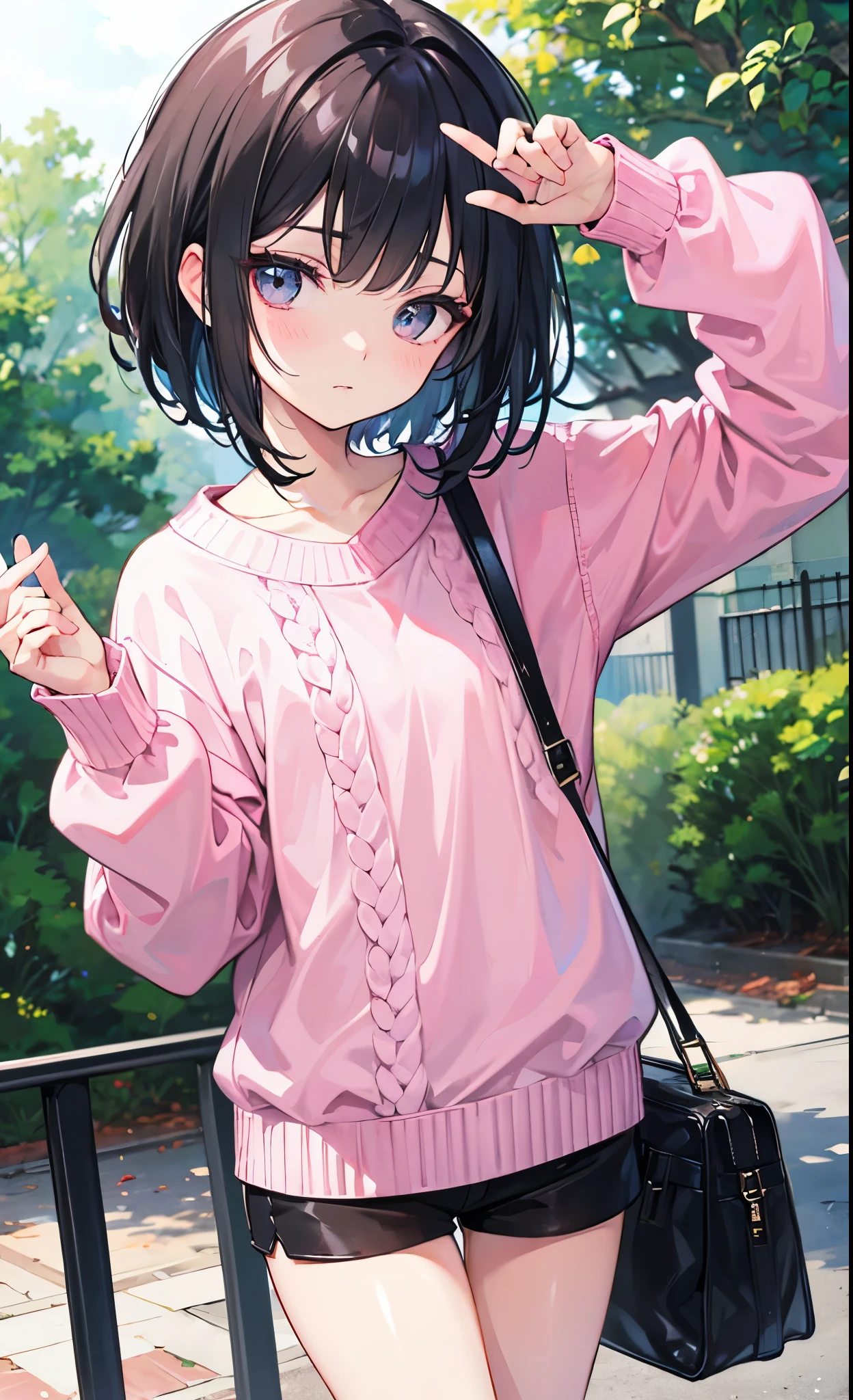 Black short hair Medusa，Gray pink sweater，Small tricks，Gallant