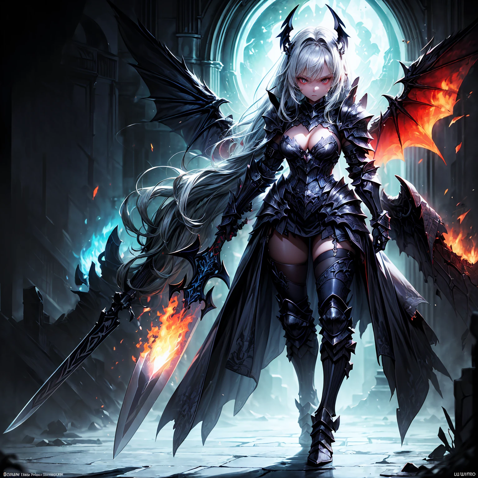 (((masterpiece, best quality, high detailed, 8k))) Design a layout showcase Gaming character, (1girl). Black+Crimson dark armor, stylish and unique. ((weapon:1.4)), cursed sword. (masterpiece:1.2), (best quality), 4k, ultra-detailed. (luminous lighting, atmospheric lighting). dark warrior, ((six wings of shadow and fire)), ((glove full hands)), (((revealing clothes:1.3))), vambraces, armored legwear, (((full_body_shot:1.4))). {In an infernal realm}. (((extremely imposing presence, black flames, super strong, incredibly beautiful with dark armor))).