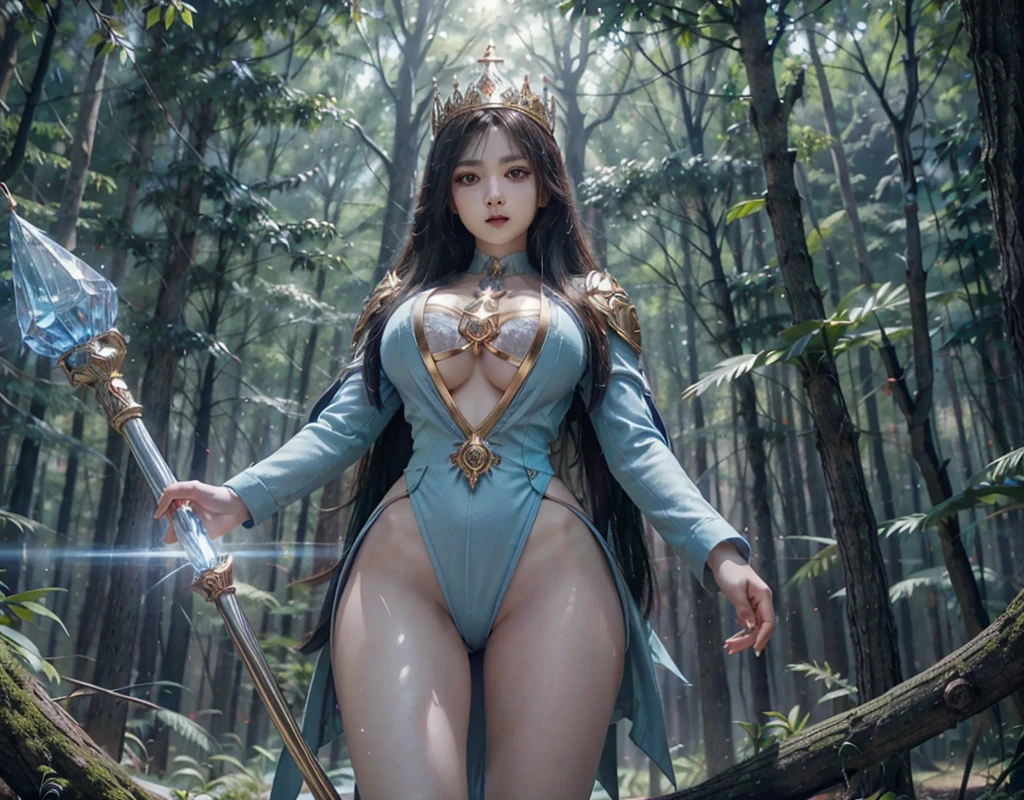 In a pleasant forest, women full body, legs thick, hips. wearing a blue suit of paladin powers, futurist. Armadura templária com detaileds de ouro fino, A goddess with long white hair, ultra detailed eyes, gold Crown, holding a staff with large glowing crystal at the tip of the glowing staff, detaileds: 1.2) 4K Ultra HD, slr digital, soft lighting, high qualiy