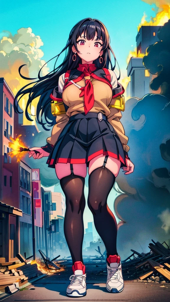 ((giantess)) ((giant girl)) ((Girl in an aggressive pose)) ((Destroyed city)) ((Burning)) ((Fire)) ((explosion)) ((Black smoke)) ((Pile of rubble)) Masterpiece Unreal Engine Anime style Delicate drawing 4k 90's Giant Multiple girls Crowd School building City Giant high school girl standing in the valley of the school building Sailor suit Skirt Black hair Smile Female giant giant girl Whole body Destroyed skyscrapers Destroyed cars Crowd Unreal Engine, cleavage, a drawing of a , earrings, long hair, 1980s (style) Cute drawing, beautiful woman, analog style, whole body, sneakers