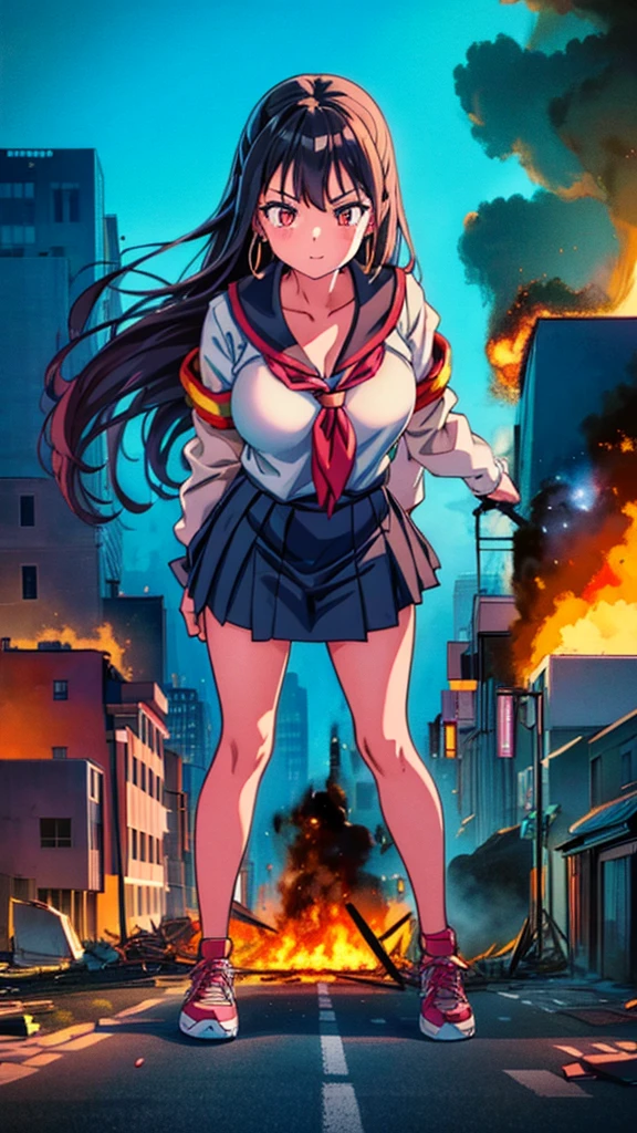 ((giantess))　((giant girl)) ((Girl in an aggressive pose)) ((Destroyed city)) ((Burning)) ((Fire)) ((explosion)) ((Black smoke)) ((Pile of rubble)) Masterpiece Unreal Engine Anime style Delicate drawing 4k 90's Giant Multiple girls Crowd School building City Giant high school girl standing in the valley of the school building Sailor suit Skirt Black hair Smile Female giant giant girl Whole body Destroyed skyscrapers Destroyed cars Crowd Unreal Engine, cleavage, a drawing of a , earrings, long hair, 1980s (style) Cute drawing, beautiful woman, analog style, whole body, sneakers