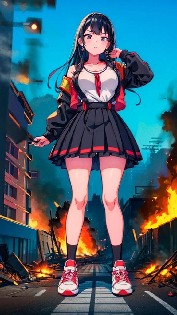 ((giantess)) ((giant girl)) ((Girl in an aggressive pose)) ((Destroyed city)) ((Burning)) ((Fire)) ((explosion)) ((Black smoke)) ((Pile of rubble)) Masterpiece Unreal Engine Anime style Delicate drawing 4k 90's Giant Multiple girls Crowd School building City Giant high school girl standing in the valley of the school building Sailor suit Skirt Black hair Smile Female giant giant girl Whole body Destroyed skyscrapers Destroyed cars Crowd Unreal Engine, cleavage, a drawing of a , earrings, long hair, 1980s (style) Cute drawing, beautiful woman, analog style, whole body, sneakers