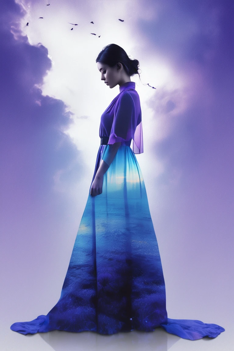 niji style, (looking at viewer:1.4), black eyes, black hair, (full body:1.2), 
Double Exposure Style, Volumetric Lighting, leaning forward,light depth, dramatic atmospheric lighting, Volumetric Lighting, double image ghost effect, image combination, double exposure style
(realistic, photorealistic),
(blue and purple:1.2)gradient, vivid color
siweishendu, silhouette, 1girl, dusk, nature, cloudy sky,siweishendu
A dress made up of colorful water, with water dotted around the girl's side. The water around the girl in ribbons, 