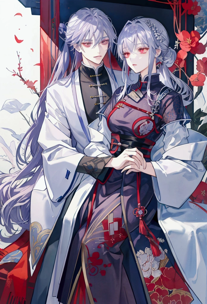 派手なSilver Hairのmale二人、host、watercolor、Line art only、The one on the right has red eyes、The one on the left has purple eyeale二人、Silver Hair、Contains mesh、male