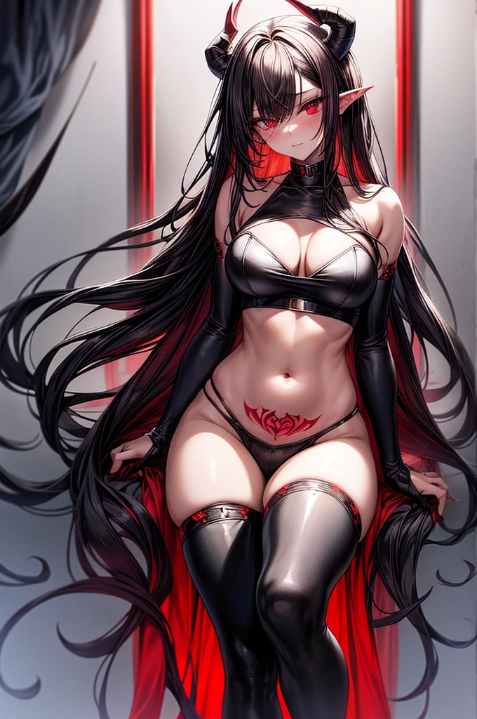 RED DEMONIC SUCCUBUS, masterpiece, super detailed, high resolution, precision art, highly seductive anime girl. sexy and alluring, flawless red demonic skin, succubus, symmetrical face, beautiful olive eyes, flowing black hair, her very presence oozes seduction and allure, S-shaped body, black onyx colored horns jutting out her forehead, heart shaped tail protruding from her back, sexy and arousing slim body with enticing breasts, intricate and beautiful heart shaped tattoo engraved on her stomach, wearing crop-top and form-fitting leggings that accentuate her round ass, hip-level shot