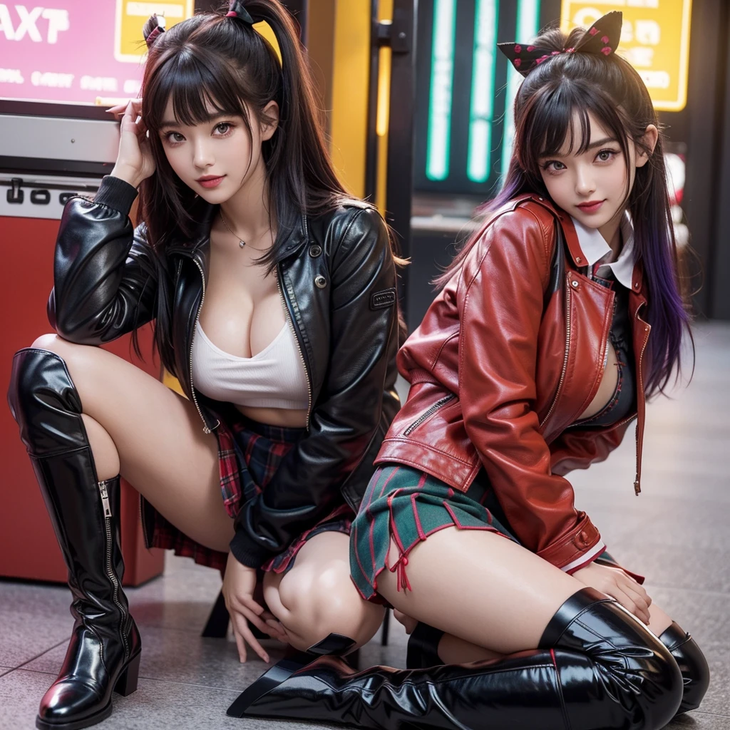 best quality,In 4K,beautiful girl,gravure idol,model,red,purple,Green clothing,smile,highest quality,big breasts,hyper real stick、She has her bangs down,beautiful girl,Maid clotheasterpiece,perfect face,perfect breasts,long hair,Outstanding style,stimulating,Cute outfits,Horny girl,double eyelid,Naughty Girls,Erotic and cute,mini skirt,ribbon on uniform,colorful hair color,yellow eyes,leather jacket,horny girl,Knee-high boots,
Colorful,Multicolor,future fashion