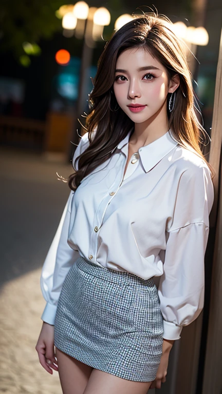 night scene、illumination、blue eyes、blonde、Full body photo、Sexy Face、Slicked back hair、、 Complete look、(((masterpiece)))、((Highest quality))、((超Realistic))、Mature woman、Mature woman、perspective、Very detailed、The perfect temptation、Best image quality、Fine-grained image quality、beautiful、Europe, woman, French, woman Italian, Italian, smile、blue eyes、jewelry, blue eyes, Realistic, High resolution, Glowing Skin, (Detailed face),jewelry, , night, blonde, Wavy Hair,attractive appearance, smile,White long sleeve button up blouse_Brown pleated mini skirt、light,Tyndall effect,Outdoor,cloud Ahan、Ahan、Ahanクリトリスバイブレーター刺激、