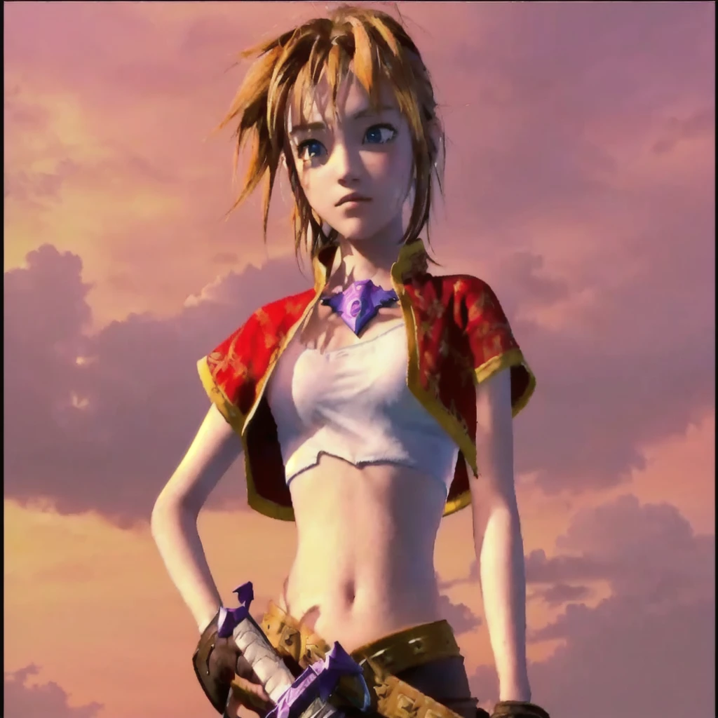 There is a cartoon picture of a woman holding a sword, Natalie in an epic battle fantasy, art style of dark cloud 2, Video Game Characters, Zelda, Female protagonist, Video game cutscenes, JRPG Characters, Ocarina of Time Movie, crono, sky, Final Fantasy Characters, Majora Mask, From Kingdom Hearts, Final Fantasy X, CGI Cutscene