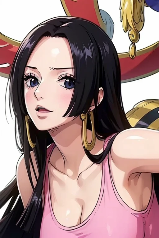 (((masterpiece))), (((best quality))), ((ultra-detailed)), (highly detailed CG illustration), Boa Hancock, (masterpiece:1.5), Detailed Photo, Sexy, (Best Quality: 1.4), (1girl), Beautiful Face, (Black Hair, long Hair: 1.3), Beautiful Hairstyle, beautiful detail eyes, (realistic skin), beautiful skin, absurd, attractive, ultra high resolution, high definition,  Pinkish white skin, cool white light, sexy pose, Beautiful , white background, pink soft white light, Wear a white tank top, teenage girl, sexy