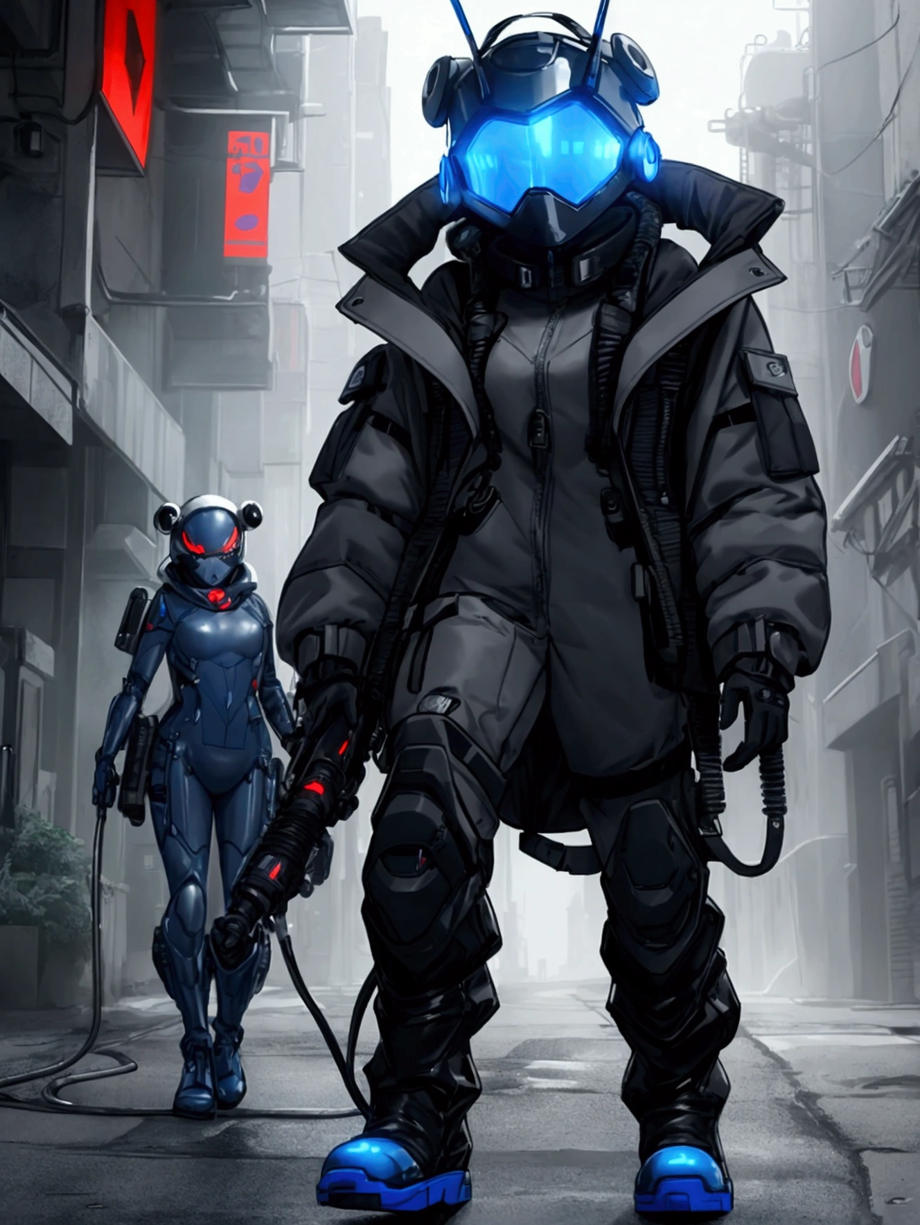 Using a flamethrower, Using full-face futuristic helmet, female character with ledpunk clothing, jacket with led light tubes. 1girl, a futuristic-looking male military commander with a fantastic ((square cyberhelmet head with blue lights)), wearing a pair of ((iron grey gloves)) and ((black military boots)), dressed in ((grey FROG suit)), standing in cyberpunk city, holding a flamethrower, UHD, anatomically correct, best quality, masterpiece, full body panel