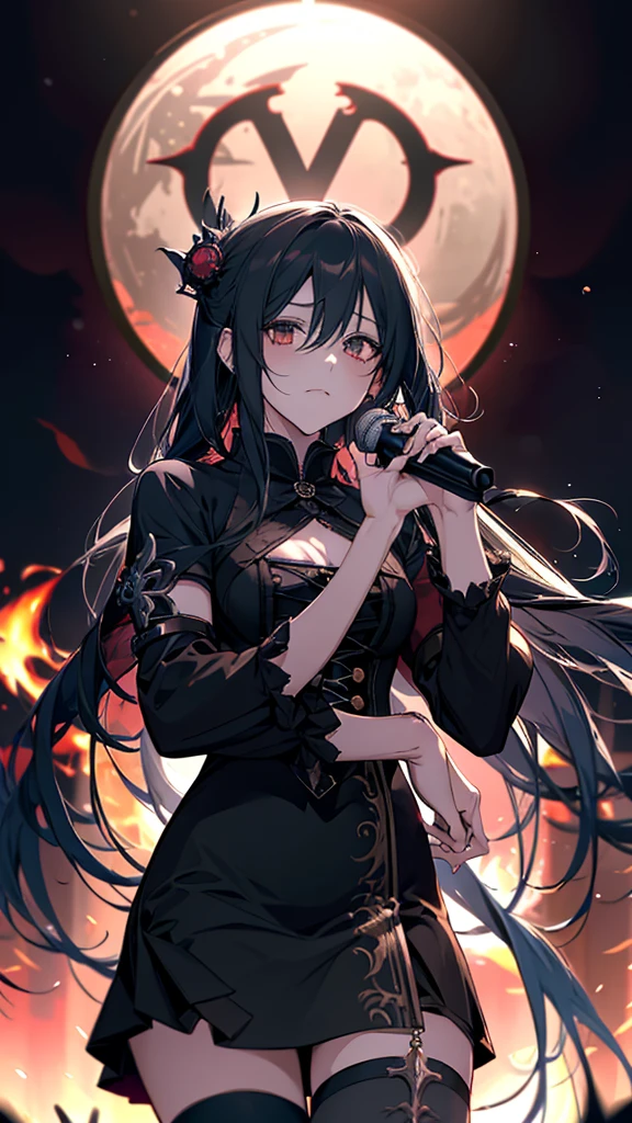 Anime girl with guitar and microphone in front of a crowd, Nightcore, Satanic atmosphere, Burning, Rorish, Gap Moe Yandere Grimdark, emo anime girl, Gothic Maiden Anime Girl, everyone, Goscoax, Art for Dark Metal Music, Inspired by Len Bonian, Anime girl in a black dress, Anime Wallpaper, Girls Frontline CG