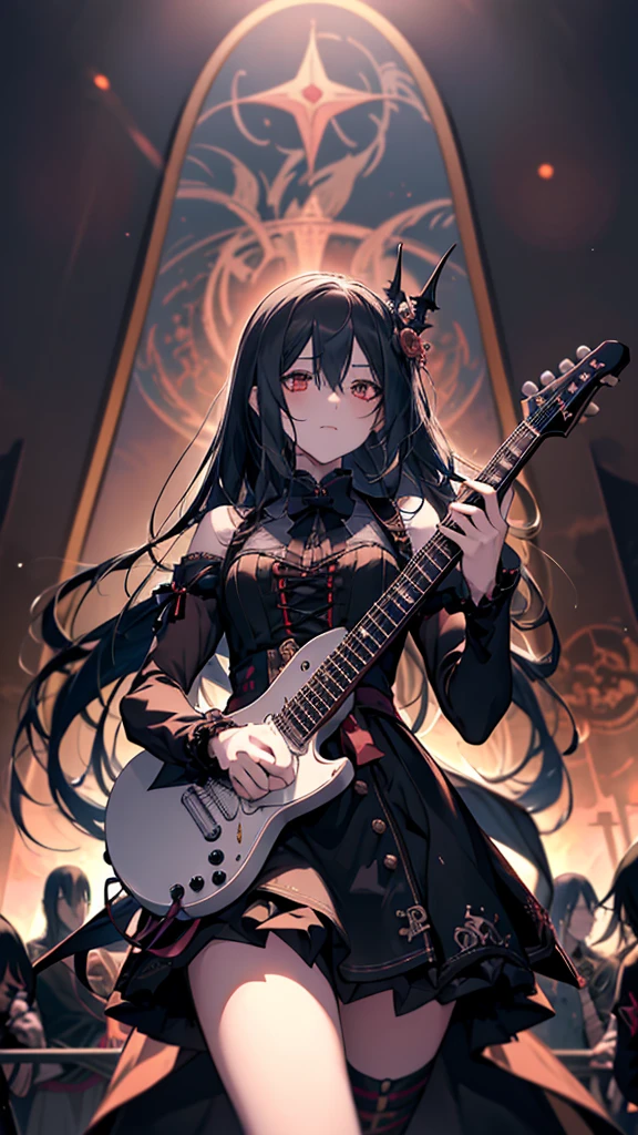 Anime girl with guitar and microphone in front of a crowd, Nightcore, Satanic atmosphere, Burning, Rorish, Gap Moe Yandere Grimdark, emo anime girl, Gothic Maiden Anime Girl, everyone, Goscoax, Art for Dark Metal Music, Inspired by Len Bonian, Anime girl in a black dress, Anime Wallpaper, Girls Frontline CG