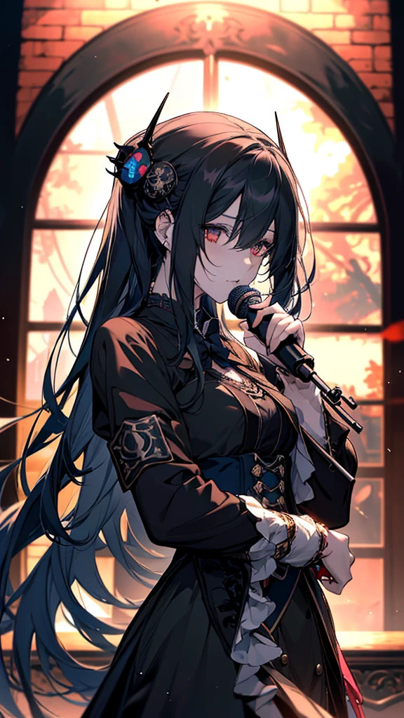 Anime girl with guitar and microphone in front of a crowd, Nightcore, Satanic atmosphere, Burning, Rorish, Gap Moe Yandere Grimdark, emo anime girl, Gothic Maiden Anime Girl, everyone, Goscoax, Art for Dark Metal Music, Inspired by Len Bonian, Anime girl in a black dress, Anime Wallpaper, Girls Frontline CG