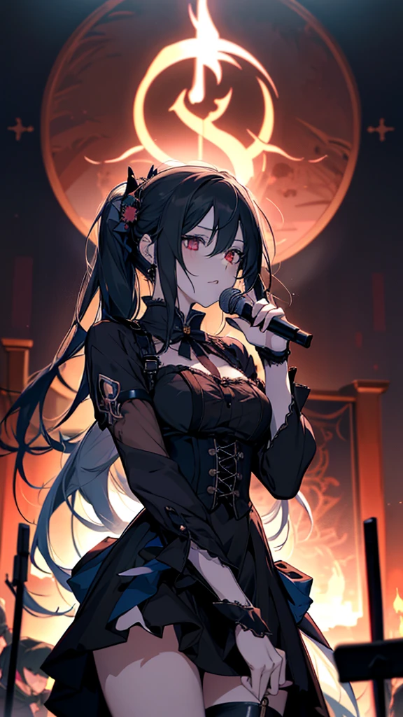 Anime girl with guitar and microphone in front of a crowd, Nightcore, Satanic atmosphere, Burning, Rorish, Gap Moe Yandere Grimdark, emo anime girl, Gothic Maiden Anime Girl, everyone, Goscoax, Art for Dark Metal Music, Inspired by Len Bonian, Anime girl in a black dress, Anime Wallpaper, Girls Frontline CG