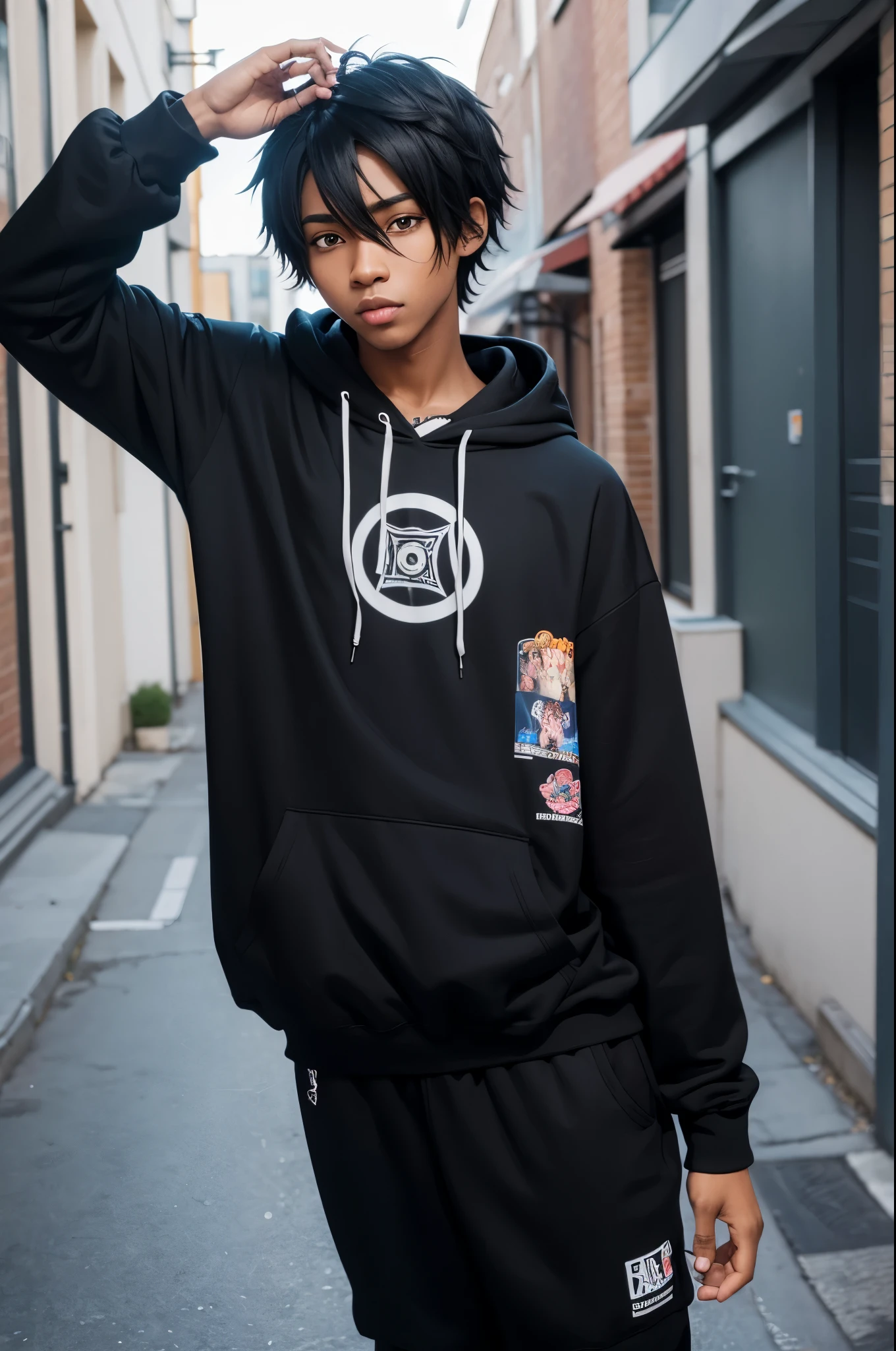 Black boy with black hair wearing an anime version hoodie