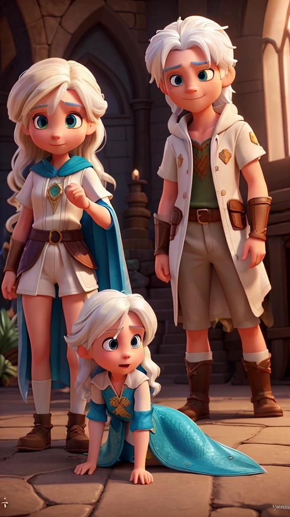 The Sorceress of Light, ( wise young woman white hair with bright clothes and a radiant aura,), his( bright eyes and big brown wavy hair, dressed like a fearless explorer wearing shorts),draco, (majestic dragon with shining scales and curious eyes), defeat the EVIL WIZARD (older , with black cape white beard fainted, eyes closed evil wizard is lying on the ground, defeated by lia, draco and the sorceress, the scene comes to life in pixar animation.