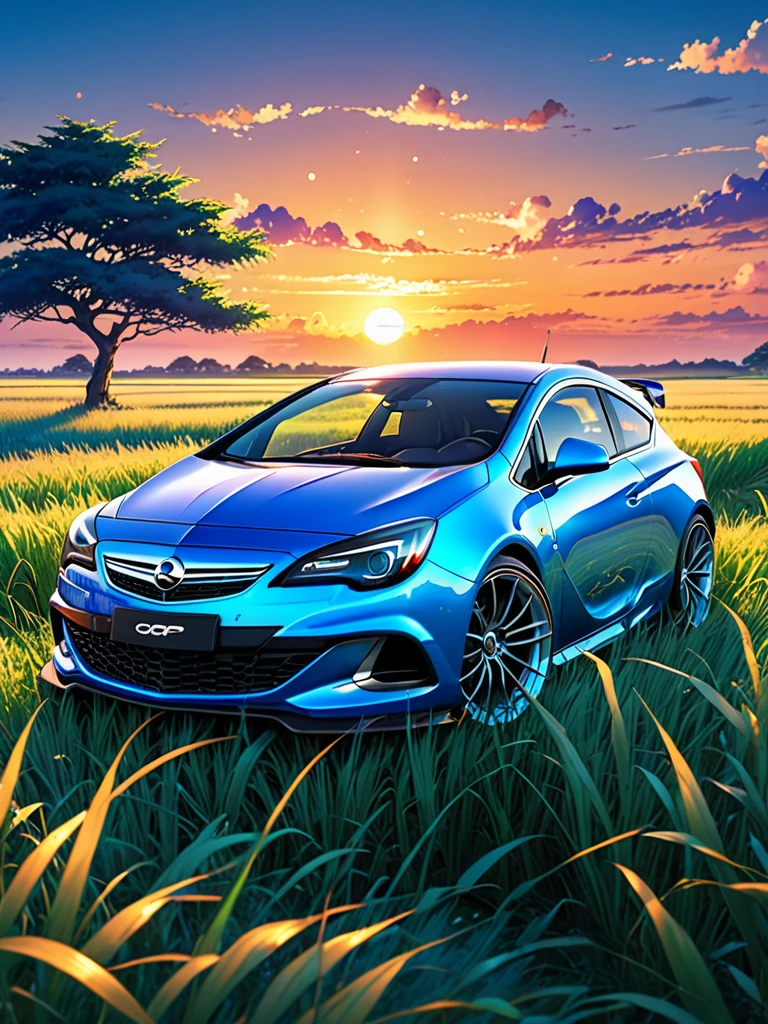 anime landscape of A pearl super laser blue metalic pearl color classic Opel Astra OPC sport sits in a field of tall grass with a sunset in the background.beautiful anime scene, beautiful anime peace scene, Makoto Shinkai Cyril Rolando, beautiful anime scene, amazing wallpaper, anime art wallpaper 8k, anime background, artistic anime background, anime wallpaper 4k, anime art 4k wallpaper, anime wallpaper art 4k,
