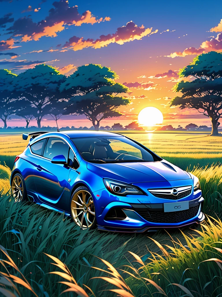 anime landscape of A pearl super laser blue metalic pearl color classic Opel Astra OPC sport sits in a field of tall grass with a sunset in the background.beautiful anime scene, beautiful anime peace scene, Makoto Shinkai Cyril Rolando, beautiful anime scene, amazing wallpaper, anime art wallpaper 8k, anime background, artistic anime background, anime wallpaper 4k, anime art 4k wallpaper, anime wallpaper art 4k,