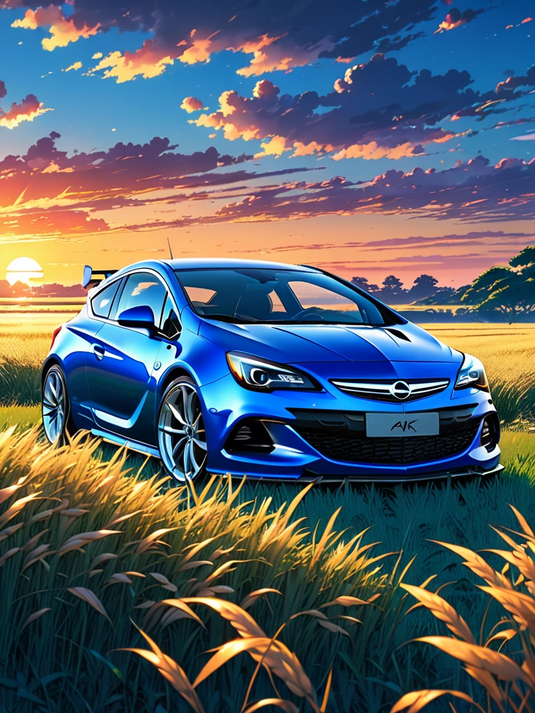anime landscape of A pearl super laser blue metalic pearl color classic Opel Astra OPC sport sits in a field of tall grass with a sunset in the background.beautiful anime scene, beautiful anime peace scene, Makoto Shinkai Cyril Rolando, beautiful anime scene, amazing wallpaper, anime art wallpaper 8k, anime background, artistic anime background, anime wallpaper 4k, anime art 4k wallpaper, anime wallpaper art 4k,