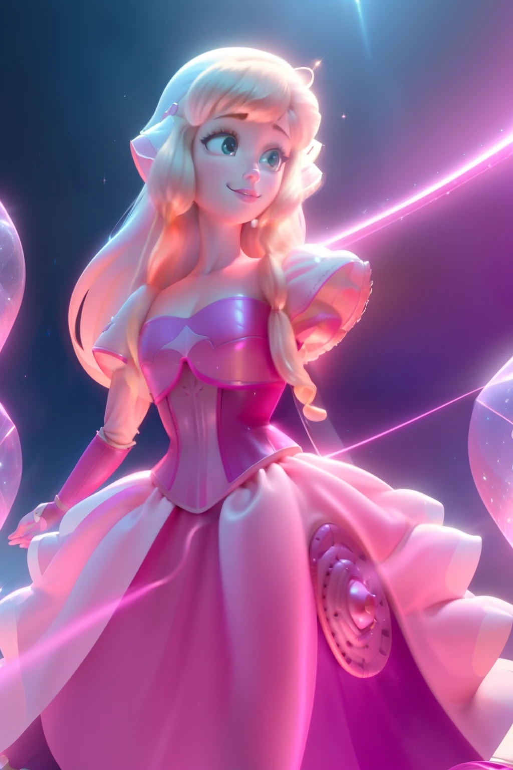 pnkdamond, pink hair, pink eyes,  long hair,  stomach gem,  pink skin,  toned, 
puffy short sleeves, elbow gloves ,  white thighs,   Puffy dress, 
standing, Upper part of the body, 
 outer space,  
(incredibly detailed, beautiful detailed face,Beautiful detailed eyes, Masterpiece, Best Quality) cinematic lighting,  SMILE, 
 