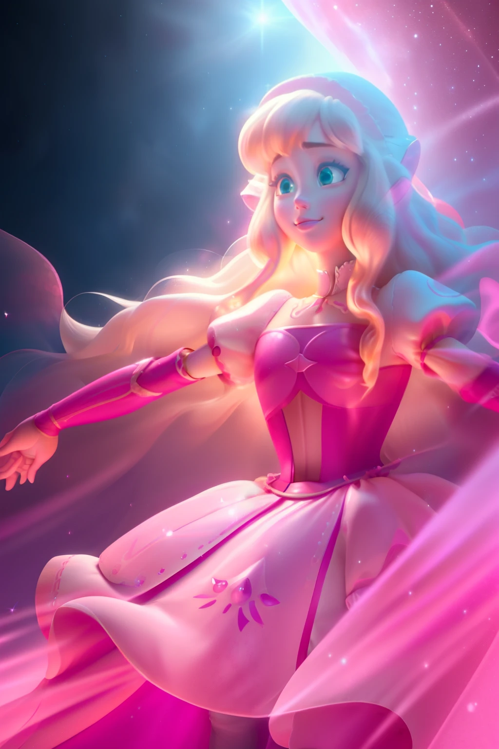 pnkdamond, pink hair, pink eyes,  long hair,  stomach gem,  pink skin,  toned, 
puffy short sleeves, elbow gloves ,  white thighs,   Puffy dress, 
standing, Upper part of the body, 
 outer space,  
(incredibly detailed, beautiful detailed face,Beautiful detailed eyes, Masterpiece, Best Quality) cinematic lighting,  SMILE, 
 