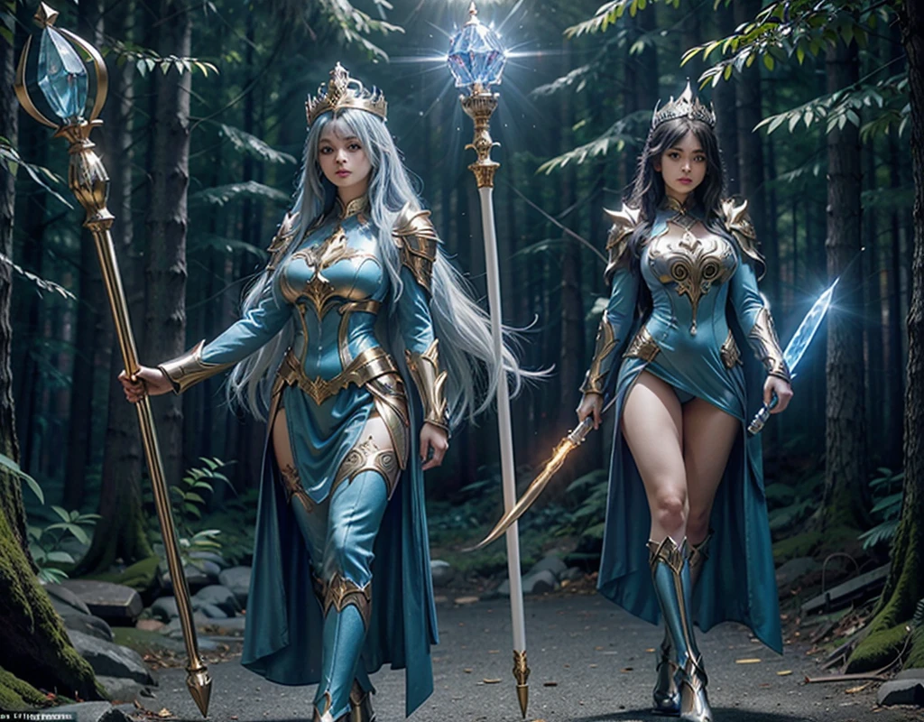 In a pleasant forest, women full body, legs thick, hips. wearing a blue suit of paladin powers, futurist. Armadura templária com detaileds de ouro fino, A goddess with long white hair, ultra detailed eyes, gold Crown, holding a staff with large glowing crystal at the tip of the glowing staff, detaileds: 1.2) 4K Ultra HD, slr digital, soft lighting, high qualiy