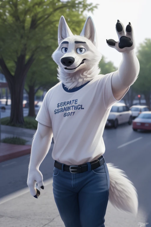 Gary \(Zootopia\), (white body:1.3), white fur, Blue eyes, Zootopia, dressed, t-shirt,jeans,leather sandals, canine, wolf, detailed fur, male, antro, paw pads, finger claws, waving, waving at viewer, 5 fingers, paws, 4 toes, BREAK from nextel, for dating, by xenoforge, (difficult, high detail, film photography, soft focus, RAW explicit cinema, Photorealism, realistic, photorealistic, analog style, Subsurface scattering, masterpiece, Best quality, ultra realistic, 8 k)