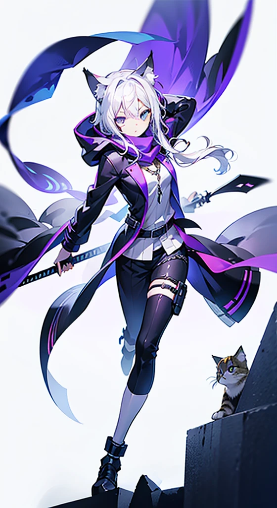 1 girl,Solitary,( pictures),(((White hair))),(The flattest),Delicate face and beautiful eyes,Fine Hair,Extra long hair on the side),(Cat ear hood),One eye is covered by a hood,scarf,(White background 1::5),stereoscopic style,((Whole body love)),(Exquisite eyes),Leg strap,Purple and black cyberpunk jacket,Pants,Samurai sword,Lightning background