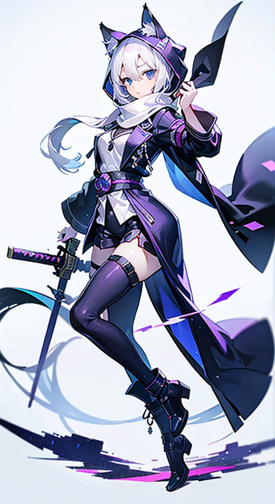 1 girl,Solitary,( pictures),(((White hair))),(The flattest),Delicate face and beautiful eyes,Fine Hair,Extra long hair on the side),(Cat ear hood),One eye is covered by a hood,scarf,(White background 1::5),stereoscopic style,((Whole body love)),(Exquisite eyes),Leg strap,Purple and black cyberpunk jacket,Pants,Samurai sword,Lightning background