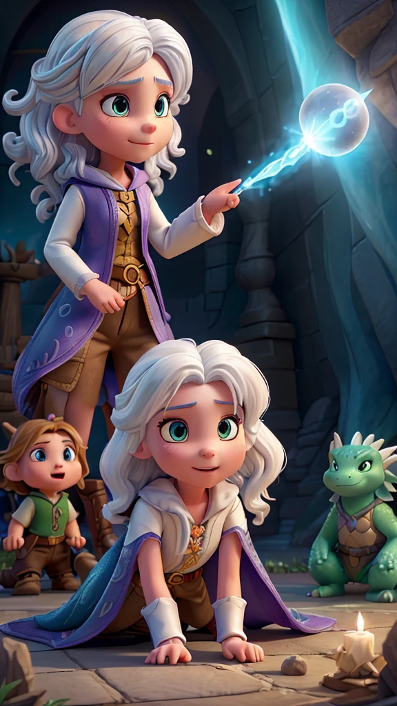 The Sorceress of Light, (wise young woman with white hair with bright clothes and a radiant aura), Leah (bright eyes and big wavy brown hair, dressed as a fearless explorer wearing shorts), Draco, (majestic dragon with gleaming scales and curious eyes), defeat the EVIL MAGGO (old, with black cape, white beard, fainted, closed eyes, evil wizard is lying on the ground, Defeated by Lia, Draco, and the Enchantress, the scene comes to life in the Pixar animation.