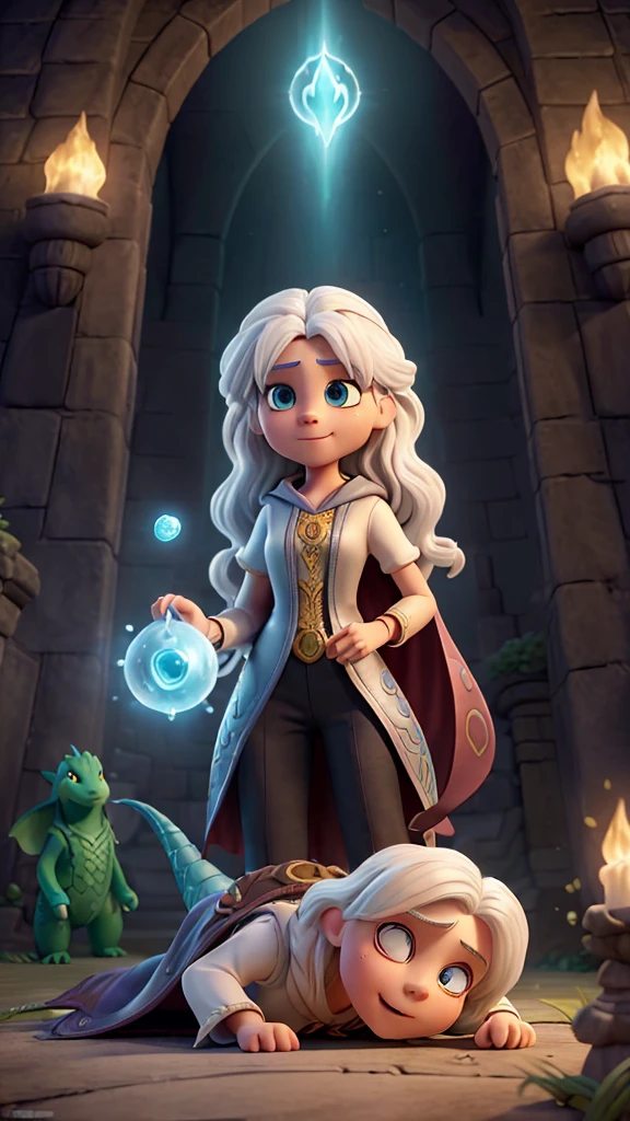 The Sorceress of Light, (wise young woman with white hair with bright clothes and a radiant aura), Leah (bright eyes and big wavy brown hair, dressed as a fearless explorer wearing shorts), Draco, (majestic dragon with gleaming scales and curious eyes), defeat the EVIL MAGGO (old, with black cape, white beard, fainted, closed eyes, evil wizard is lying on the ground, Defeated by Lia, Draco, and the Enchantress, the scene comes to life in the Pixar animation.