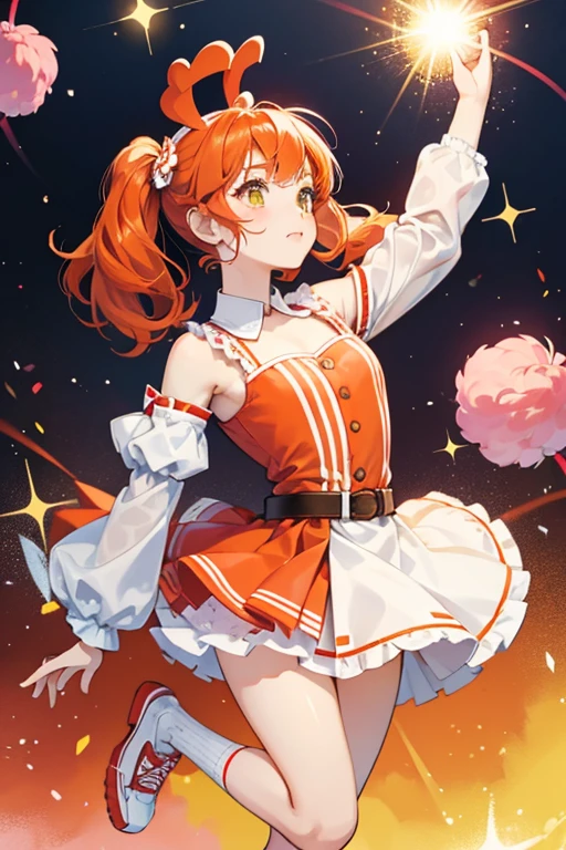 Peppy Pom Poms is a fair-skinned girl with freckles and pale cheeks. Her orange-red hair is pulled back into curled pigtails with red bows, and she has a single tuft of bangs. Her revised version has a fuchsia "#1" under her left eye, and her hair is a curly twin-bun with a pink bow on the left side and a megaphone on the right.
She wears a red cheerleader's dress with small white polka dots and a white "P" on the chest. The sleeves are white with red stripes at the wrist, while the skirt has big pastel yellow slits going up on the folds and two yellow stripes going around the bottom. She also has on a pair of white socks with two red stripes alongside the top, along with yellow and white tennis shoes. SPARKLE; GLITTER