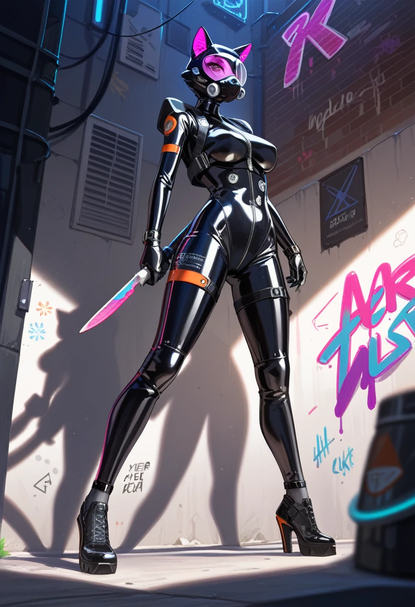 animation, Highest quality, Highest quality, High quality illustrations, masterpiece, Ultra-high resolution, Detailed Background, Alley, night, Graffiti art on the wall, Absurd, Perfect Anatomy, performance, Good lighting, Shadows in the movies(kemono, Furry PersonifiCation), Cat, woman, Black Skin, Rubber suit, latex, neon, neonライト, neonカラー, Bodysuits, Cyber Suit, Mech Suit, Rubber Half Jacket, cyber punk, Blade Runner, Holding a blade, Rubber Mask