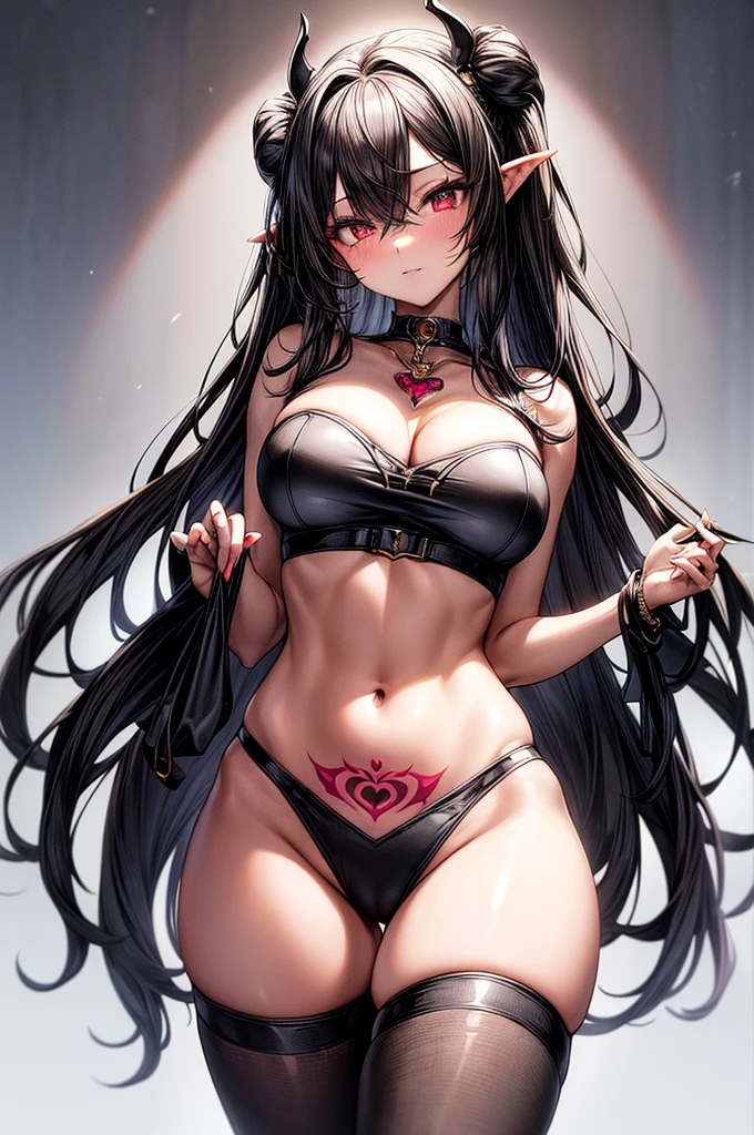 masterpiece, super detailed, high resolution, precision art, highly seductive anime girl. sexy and alluring, flawless BROWN demonic skin, succubus, symmetrical face, beautiful olive eyes, flowing black hair, her very presence oozes seduction and allure, S-shaped body, black onyx colored horns jutting out her forehead, heart shaped tail protruding from her back, sexy and arousing slim body with enticing breasts, intricate and beautiful heart shaped tattoo engraved on her stomach, wearing crop-top and form-fitting leggings that accentuate her round ass, hip-level shot
