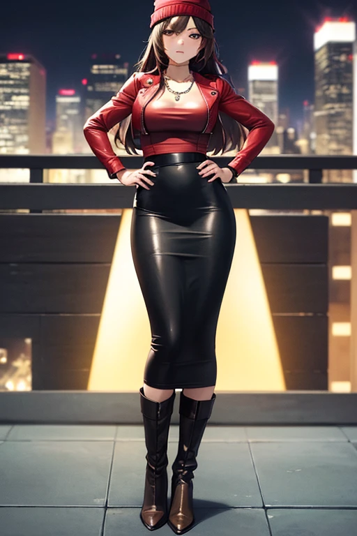 ((masterpiece, best quality, ultra-detailed)), beautiful woman looking at viewer, red leather jacket, black maxi pencil skirt, long black pencil skirt, leather boots, wearing beanie, necklace, full body, brown hair, city rooftop, fence, night sky, lights, hand on hip