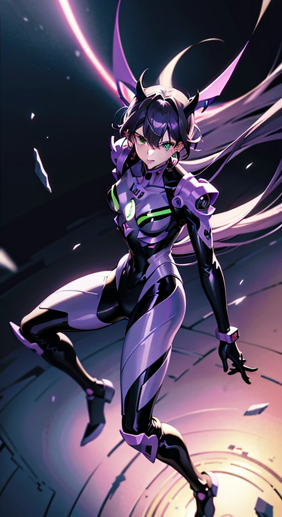 Oblique viewing angle,Full body picture,Purple armor,Purple Devil Horn,Close up of a green and black with a purple and black head, eva unit 0 1, eva unit-00 in the back, Neon Genesis Evangelion Third Impact Inspiration, Evangelion style, evangelion beast mode, Becoming Evangelion, Orisa in Overwatch, from evangelion, Rich in details,very clearly, Super Fine,Super sharp
