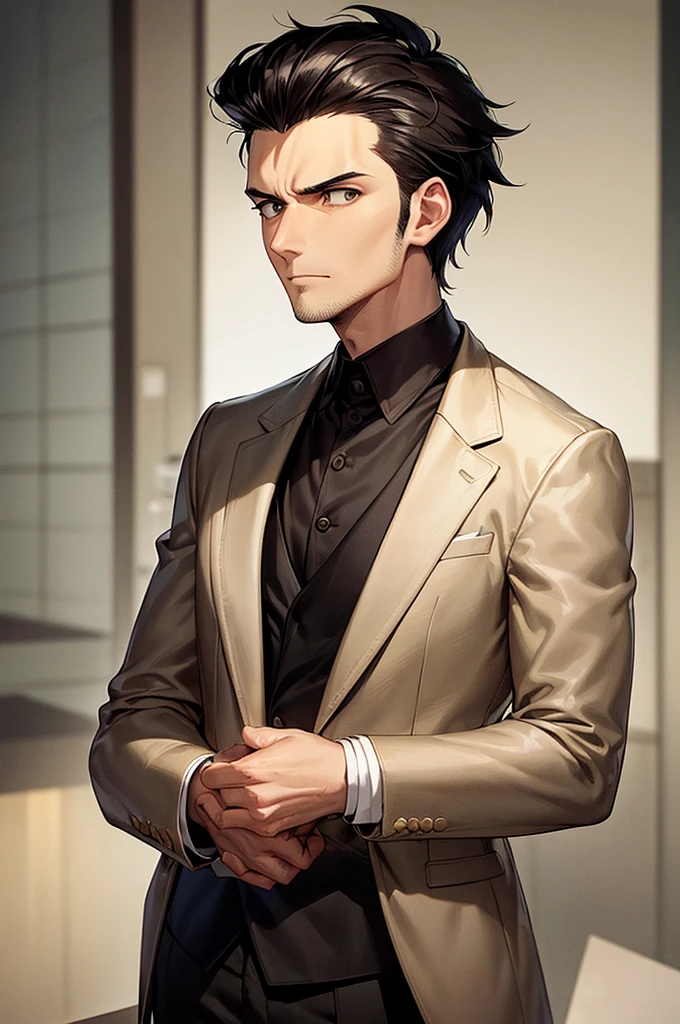 best quality, man, slim man, dark brown eyes, very short dark black hair, disheveled hair, raised hair, beige jacket, beige jacket, white shirt tucked in, serious look, short hair, hands in jacket, looking forward, moody. shaved beard.
