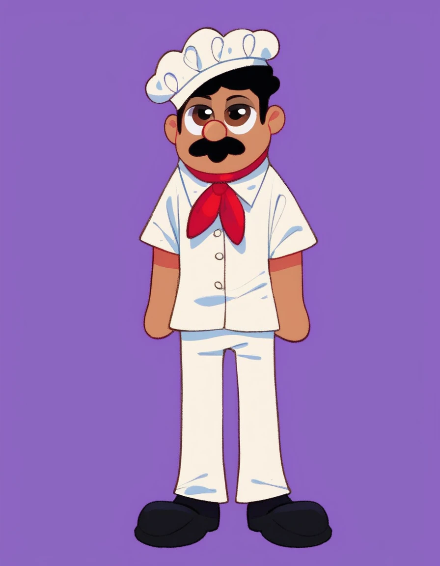 chef_pee_pee, solo, simple background, black hair, 1boy, hat, brown eyes, full body, male focus, purple background, black mustache, chef hat, chef, chef shirt with "chef pee pee" on it, normal white chef hat, red neckerchief, white pants, black shoes, italian