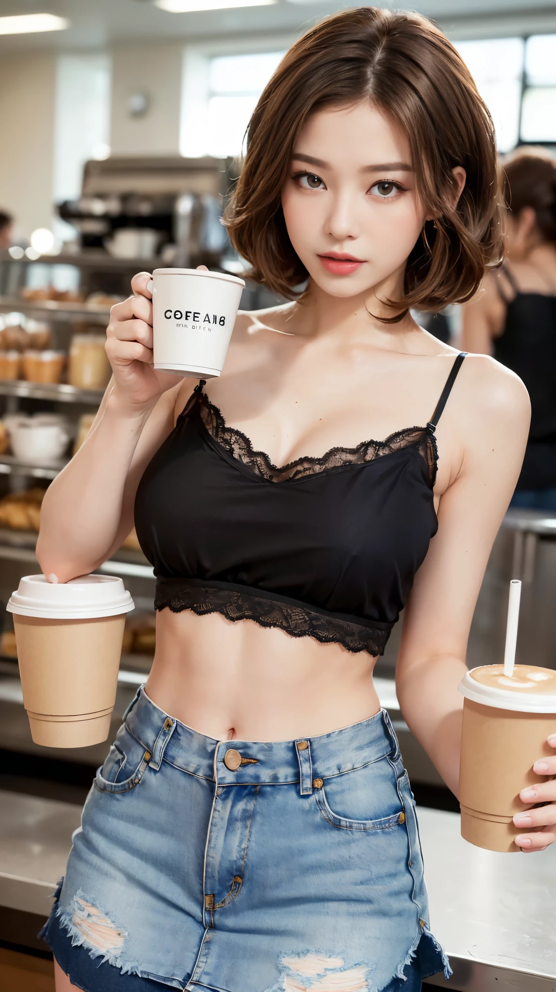 ((best quality, 8k, masterpiece :1.3)), (sharp focus :1.2, Beautiful woman with perfect body :1.4, slim abs :1.2), ((big bust, emphasize division:1.3)), (Photorealistic:1.4), (realistic:1.4), (cute hairstyle, light brown hair:1.5), Highly detailed face and skin texture, fine particles, double eyelid. makeup face, a little lipstick, Sex appeal, sexy etching pose, ((Black lace camisole and denim mini skirt、Cafeteria in the background、She poses with her camisole down, exposing her shoulders, and holding a coffee cup......。:1.3)