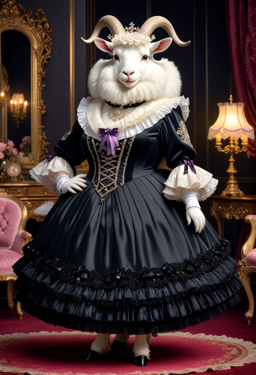 photorealistic portrait of Dressed animals-a ((fat)) ((angora goat)) princess,(furry), (elegant pose:1.5), (hands on hips:1.5),(smile:1.5),high quality,(),(lovely) ,intricate details, Wearing Gothic & Lolita dress , ( brim), highly detailed ((dress with frills and ribbon)) ,highly detailed accessories, high sox , (happy), soft lighting,(full body image:2.0),in Rococo style room background,,score_9, score_8_up, score_7_up, score_6_up, score_5_up, score_4_up,