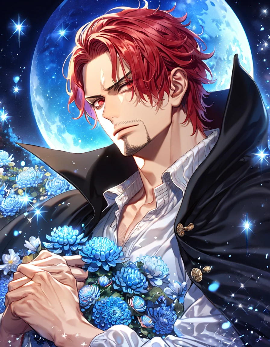 absurdres, highres, ultra detailed, HDR, master piece, best quality, extremely detailed, Shanks, red hair, expressive red eyes, faint beard, One Piece, solo, sexy man, handsome, black cape, white shirt, fantasy, water, sparkling, blue glittering fireflies, blue moon, blue blossoms, blue chrysanthemums, blue sparkling lights, starry sky, magical