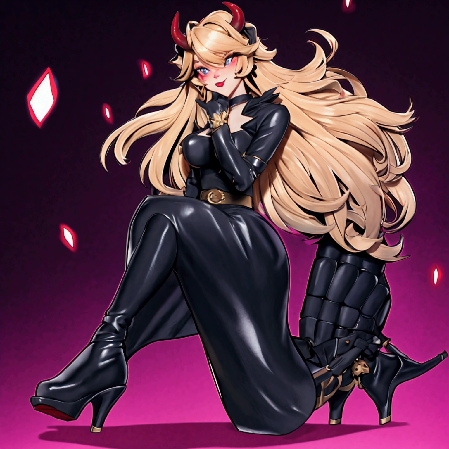 Physical appearance:
* body: slim and curvy figure, emphasizing her femininity. narrow waist and pronounced hips.
* fur: light and uniform tone, almost pale, contrasting with her dark outfit.
* horns: two red horns curving upward from his forehead, with a soft and shiny texture.
* Eyes: Large and almond-shaped, of an intense and bright red, that transmit a seductive and dangerous look.
* cola: long and pointed, red like their horns, that moves gracefully behind her.
* Hair: long and straight, of a golden blonde that cascades down her back and frames her face.
* Facial expression: red lips slightly curved in an enigmatic smile, arched eyebrows and a confident and challenging look.
Attire:
* dress: fitted black qipao, with a plunging neckline and a high leg slit. Pink and blue details on the collar, sleeves and hem.
* gloves: long and black, that reach up to the elbows, made of a soft and shiny material.
* Boots: high heel and platform, black with gold details on the heel and toe.
* accessories: gold belt with a skull-shaped buckle, gold dagger-shaped earrings and a gold necklace with a heart-shaped pendant.
Around:
* landscape: rocky and arid, with steep mountains and a cloudy sky in the background.
* lightning: golden light of the setting sun, creating a dramatic contrast with the shadows.
Environment:
* **Atmosphere:**mysterious and seductive, with a feeling of latent danger.
* Emotion: confidence and power, with a touch of arrogance.
General impression:
A beautiful and dangerous demonic figure, that emanates an aura of power and mystery.