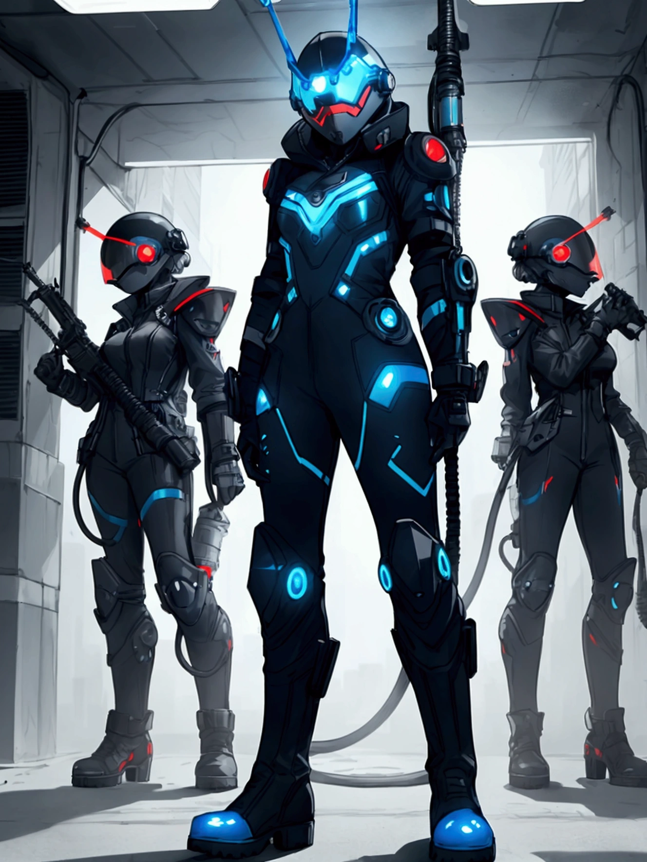 Super strong character, final boss, Using a flamethrower, Using full-face futuristic helmet, female character with ledpunk clothing, jacket with led light tubes. 1girl, a futuristic-looking male military commander with a fantastic ((square cyberhelmet head with blue lights)), wearing a pair of ((iron grey gloves)) and ((black military boots)), dressed in ((grey FROG suit)), standing in cyberpunk city, holding a flamethrower, UHD, anatomically correct, best quality, masterpiece, full body panel