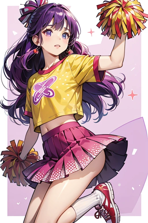 modern-day cheerleading uniform, consisting of a yellow top with small white polka dots and a white "P" on the front. It has very short sleeves made out of metallic red and purple pom-pom strands. Her skirt is made out of metallic red and purple pom-pom strands. She wears long socks and a pair of red and white sneakers with yellow soles. SPARKLE; GLITTER
