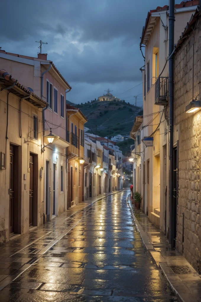 make a city of greece, more modern, just raining