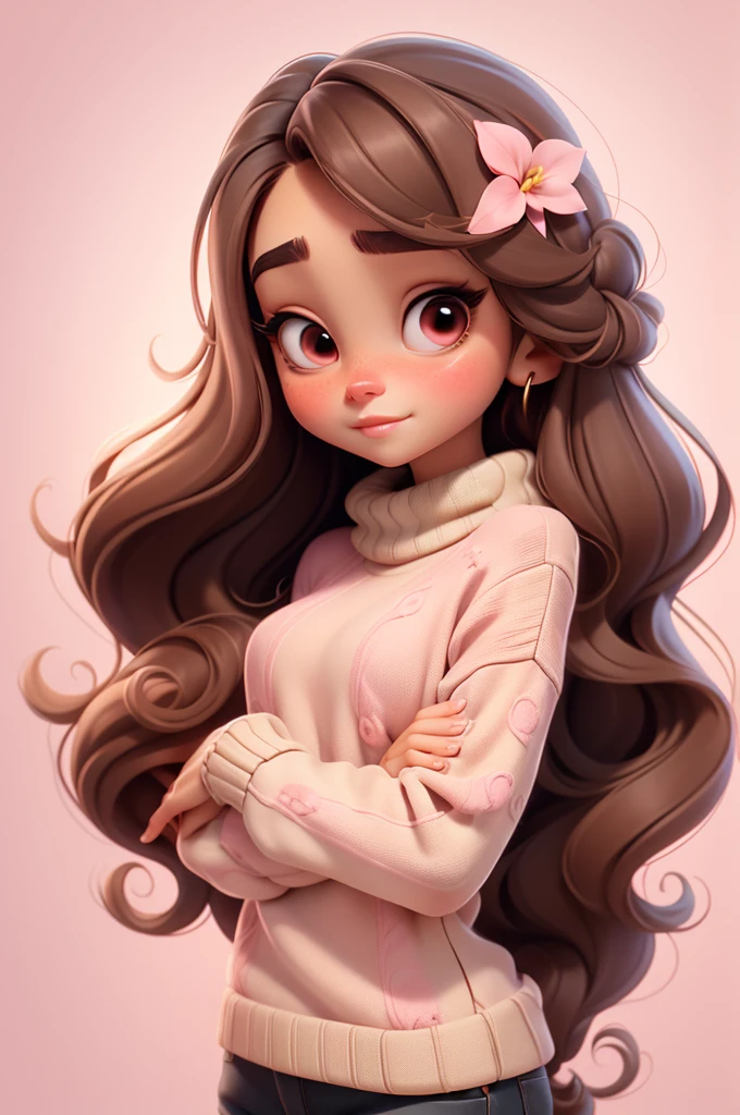 Girl, long straight brown hair, brown eyes, sharp features, white skin, pink lips, soft and delicate, perfect, sweater