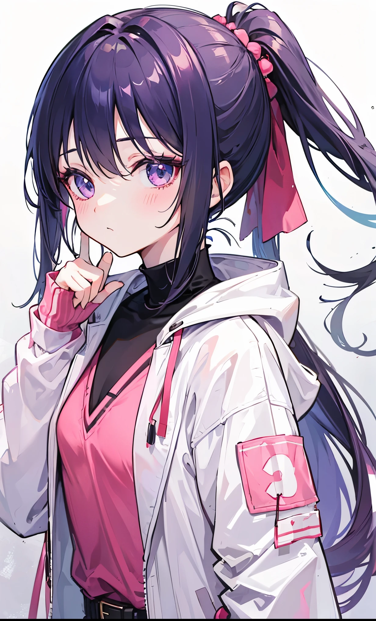 Dark purple high ponytail,Pink face peach,White coat,Sweet and cute girl