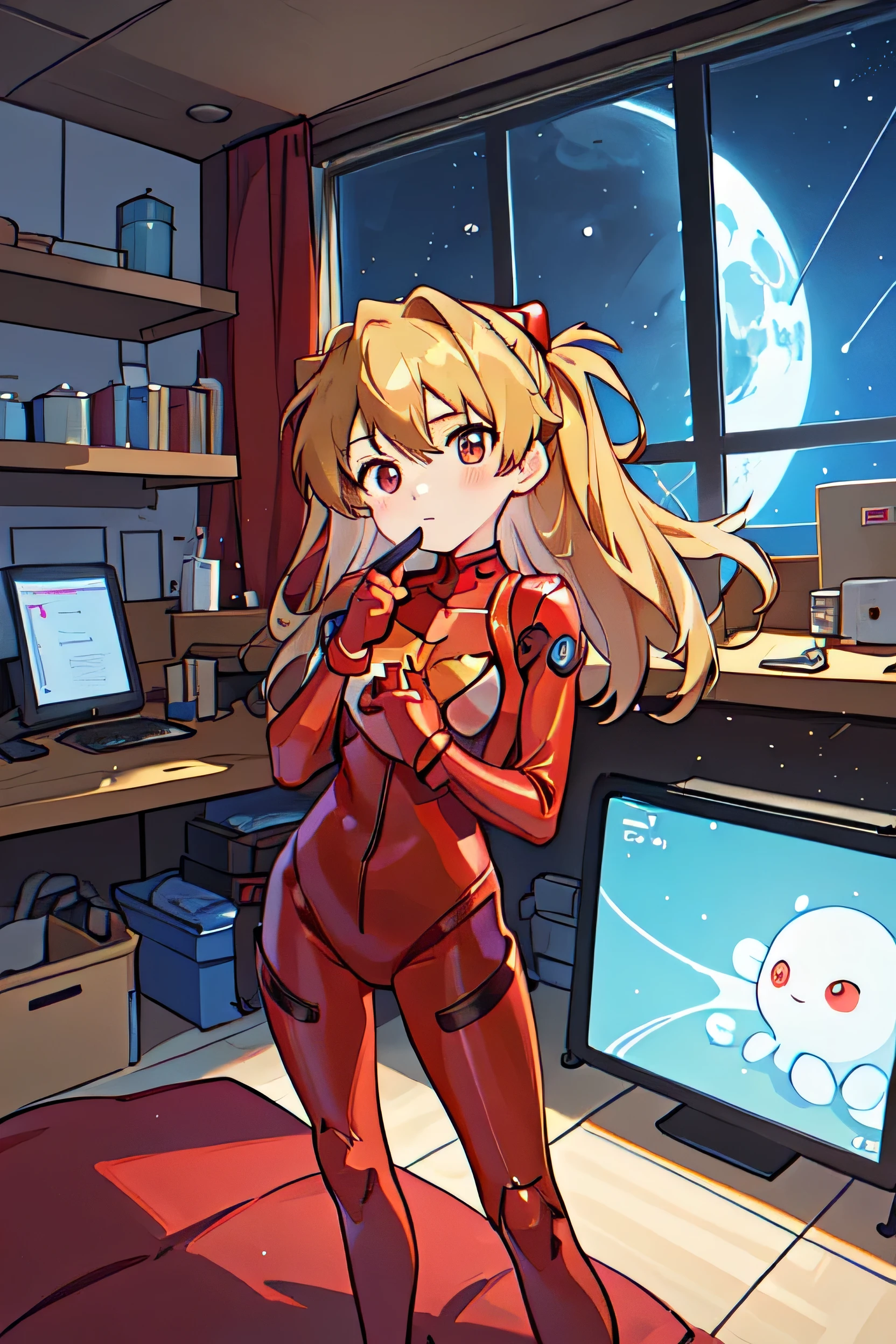 (Overlooking figure),Dynamic Angle,Very detailed, figure, close, Straight, One girl, 
 ((Soryu Asuka Langley, Interface Headset, Red bodysuit:1.4, bionde)),Her eyes shone like dream-like stars,(Glowing Eyes:1.233),(Beautiful and detailed:1.1),(Expressionless,Mouth closed),(Are standing), 
(In a white spaceship、Mechanic room with tools and spaceship window),
(night:1.2),dream-like, [[Delicate fingers and hands:0.55]::0.85],(finger details),