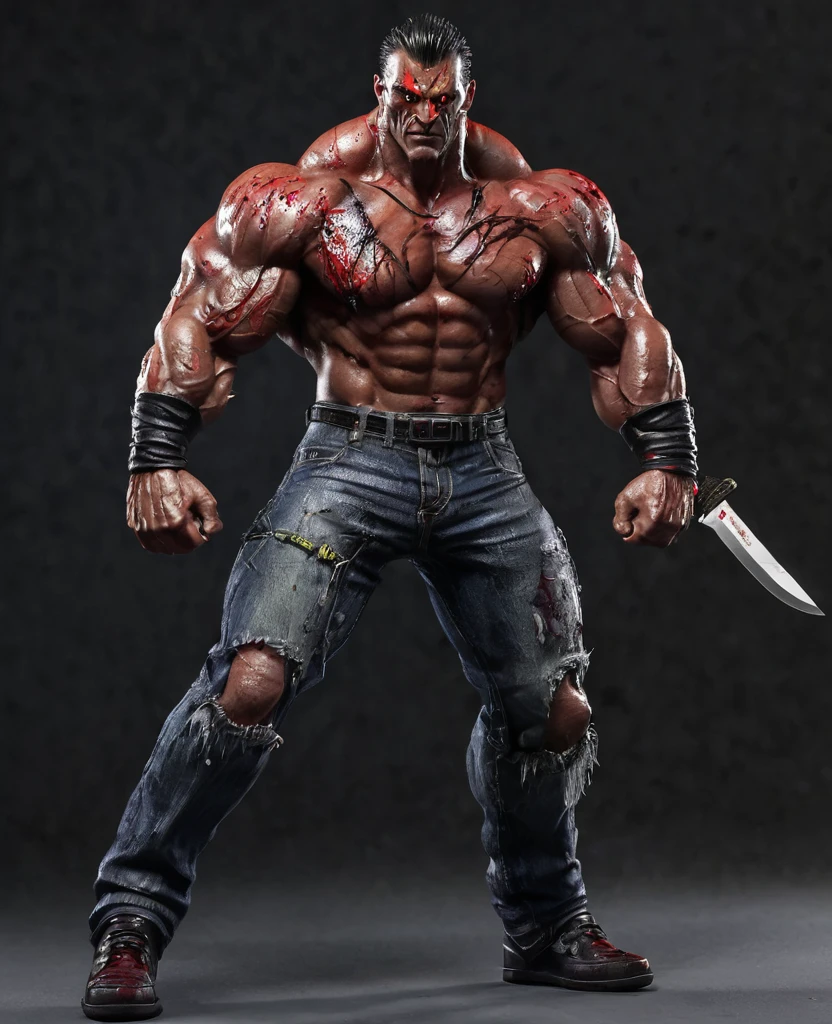 Zombie bos, red eyes, grip big knife, muscular body, shirt demeged, ultra realistic, high detailed, full body list