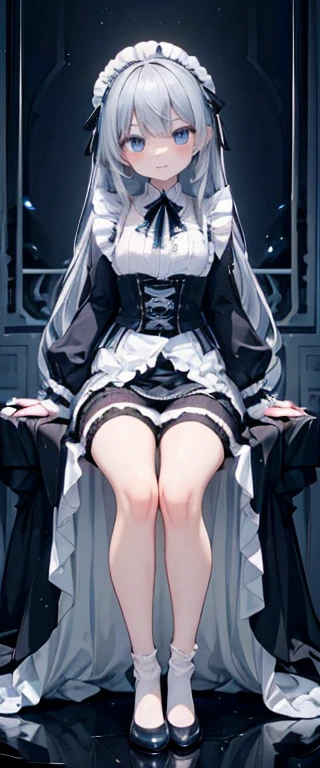 (long beautiful gray hair) cyan eyes, (Eyes behind long bangs) breasts big, standing pose, hands behind the back, (wearing stockings) perfect beautiful and shiny cyan shoes (Wearing luxurious black palace maid clothes Perfect perfect noble) side pose (Girl1, straight, gray hair that is not too long, bangs covering one eye, soft face, kind smile) grays long hair, beautiful cyan eyes (sitting pose, right hand down, Left hand down, leaning posture, just smile, (Fundo branco em branco) wearing a black corset, (Using a beautiful bright blue ribbon) Kawai shy cute eyes (black shoes should be shiny, Must wear short white socks) Wrists must be completely bare, without a single piece of cloth covering either side Wrists must be completely bare, without a single piece of cloth covering either side Wrists must be completely bare, without a single piece of cloth covering either side, The bangs perfectly cover the left toe eye, Long bangs cover the left eye, black maid shirt long sleeves, cara fria, royal minister, standing pose